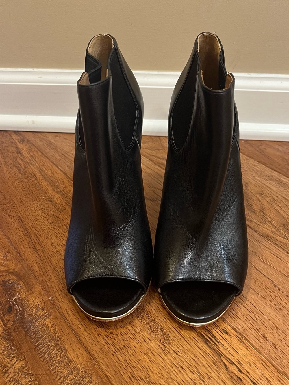 Coach black leather Johanna peep toe booties pull on stiletto heel. 7.5 - Picture 3 of 9
